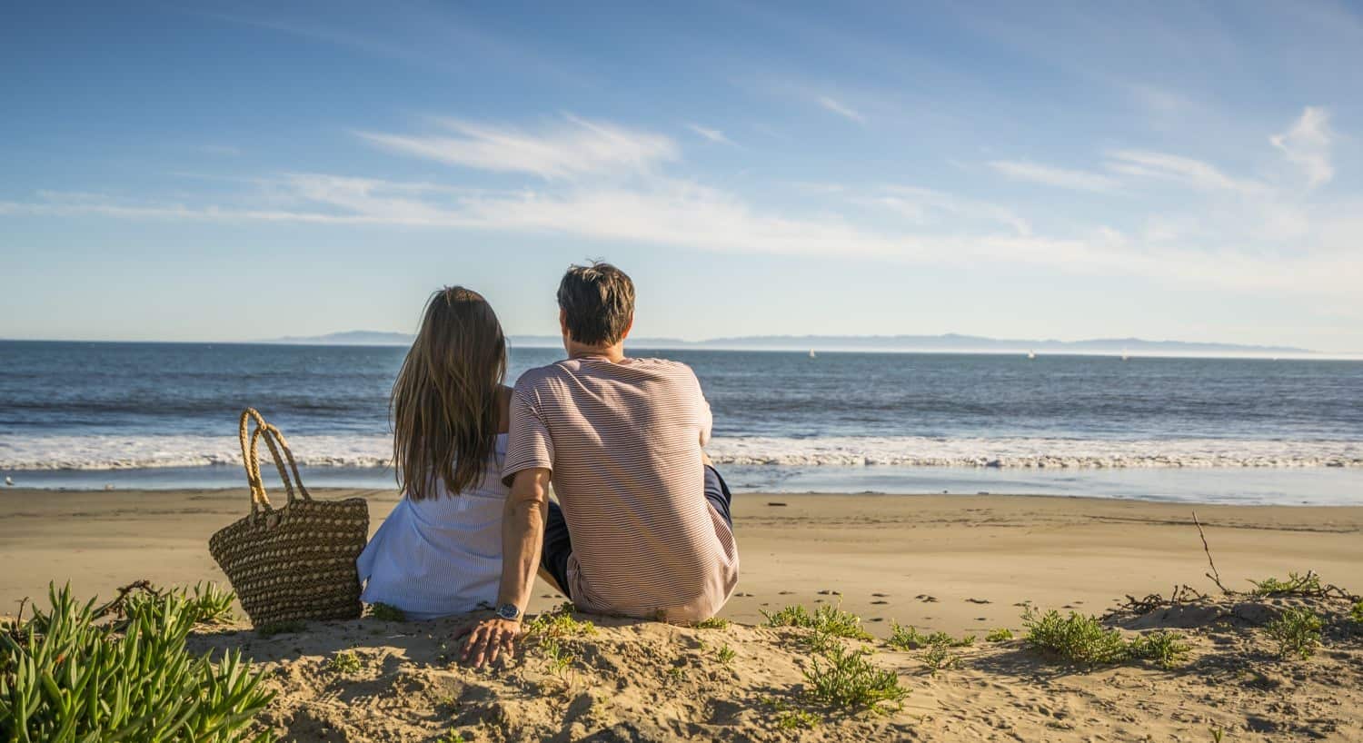 Man and woman sitting on the beach looking at the water