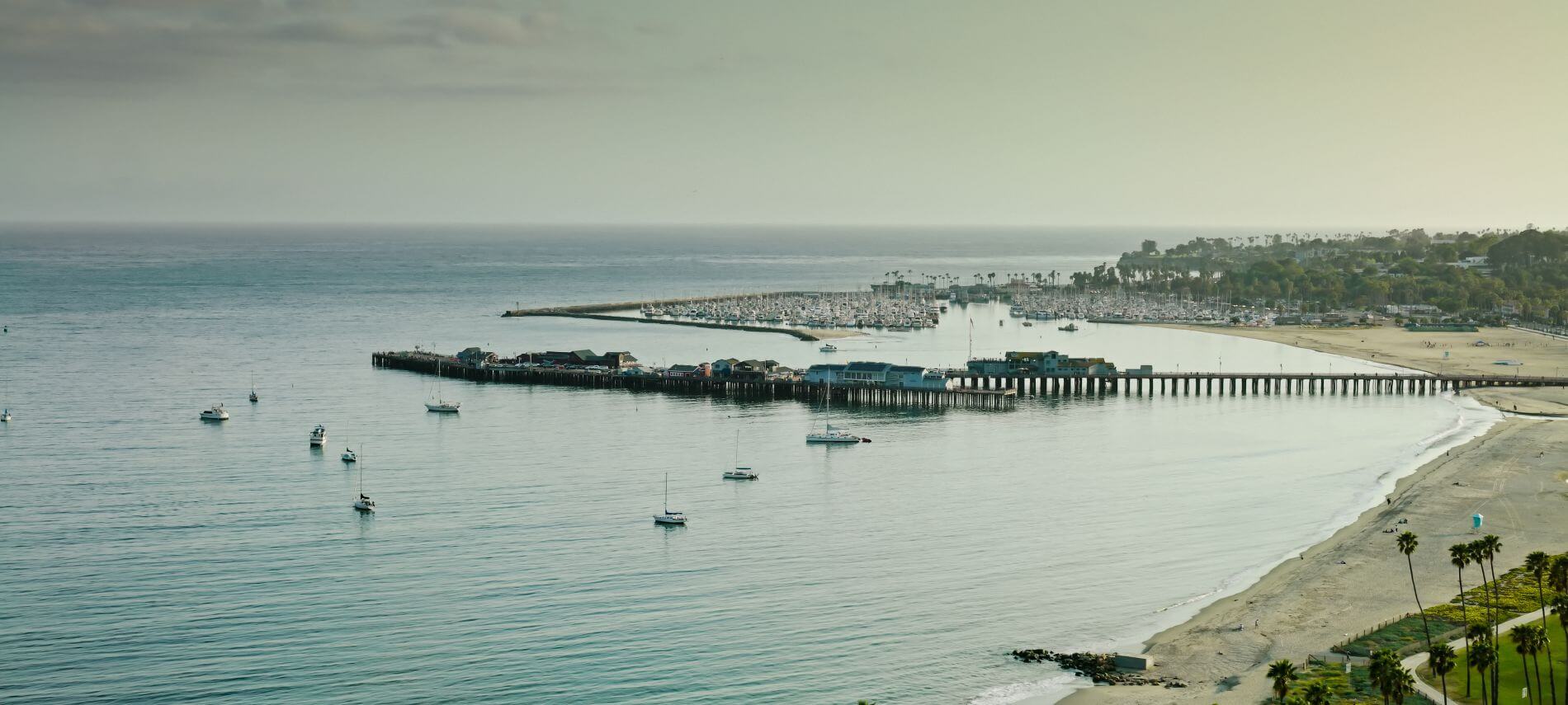 Aerial view of Stearns Wharf and harbor in Santa Barbara.