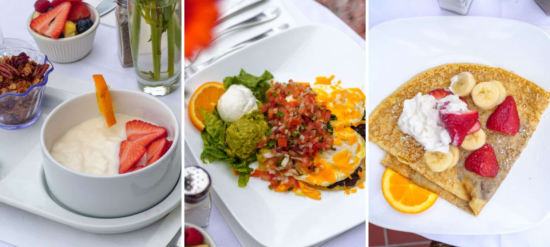 Bowl of yogurt, homemade granola, and fresh fruit. Plate of Huevos Rancheros with Guacamole and Pico. Plate of Crepes with Chocolate filling, fresh fruit and whipped cream.