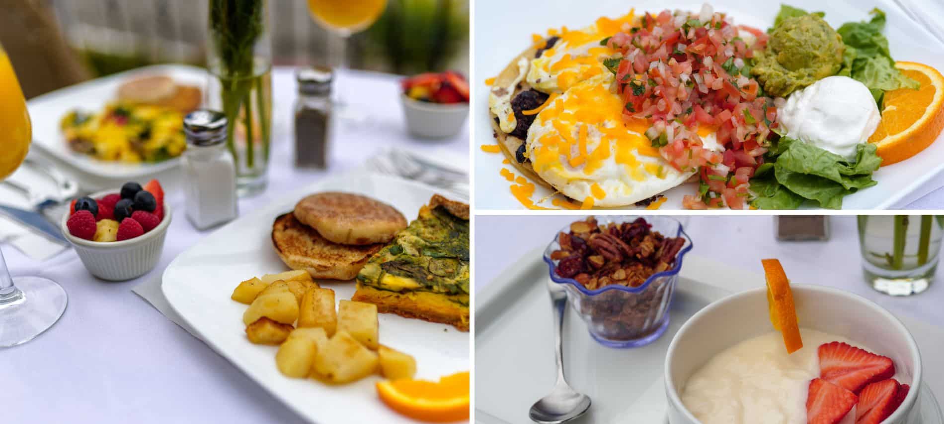 Collage of breakfast options at The Eagle Inn including Huevos Rancheros with Guacamole and Pico, Vegetable Quiche, and Yogurt with homemade granola