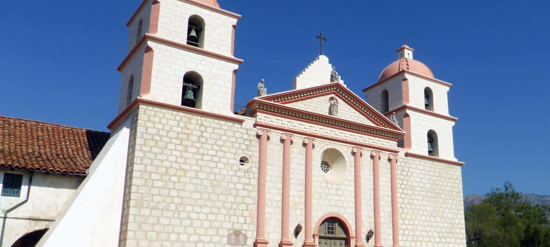 Exterior view of Santa Barbara Mission in pink and white