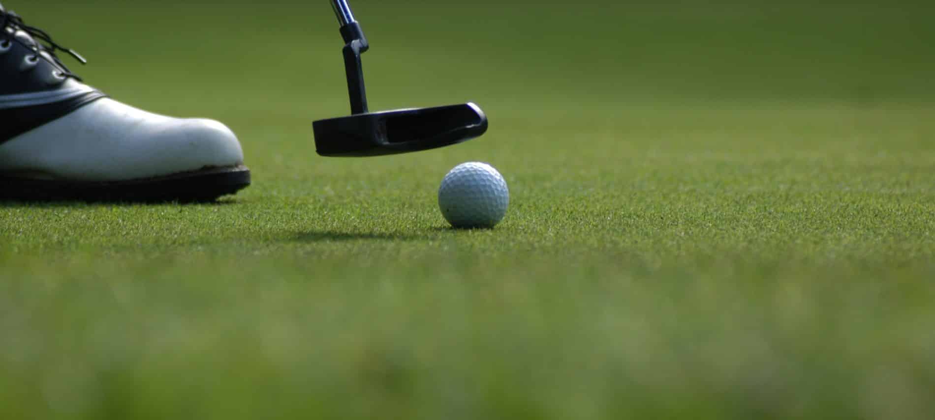 Close-up view of white golf ball on the green