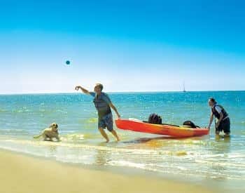 Two people and a white dog bringing in a kayak from the ocean