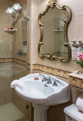 side view of white pedestal sink under gold trimmed mirror sitting next to glass enclosed shower in tiles bathroom