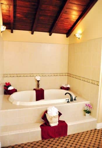 Santa Rosa guest bath with wood ceiling, and tub enclosed in tiled walls and steps